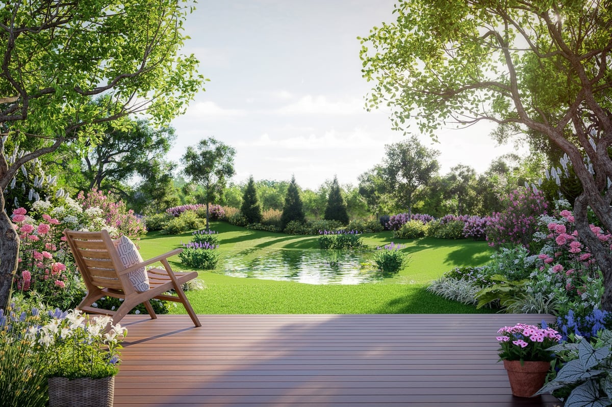Tranquil garden with wooden deck