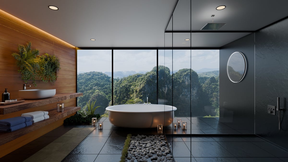 Luxury bathroom with mountain view